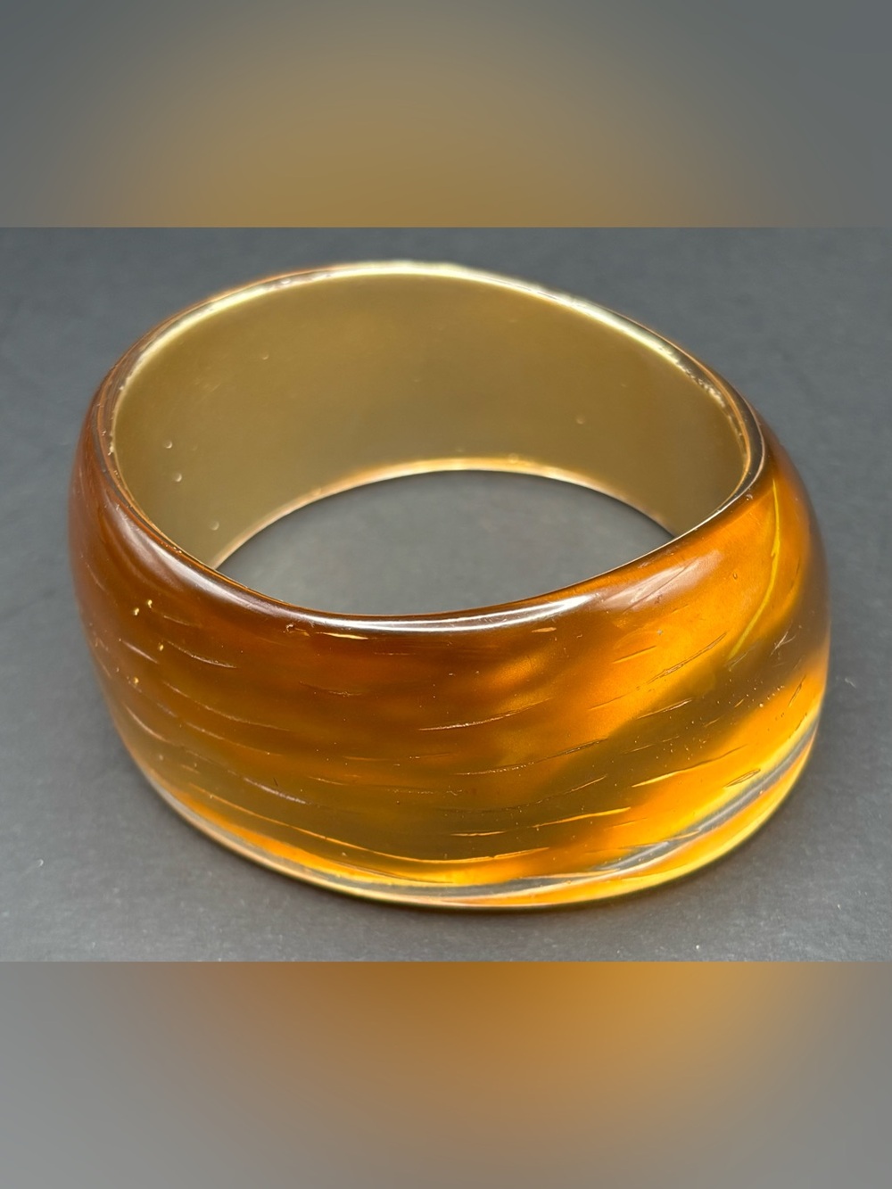 Vintage Amber Tone Lucite Bangle Chunky Resin Bracelet Bark Texture MCM Gold 70s